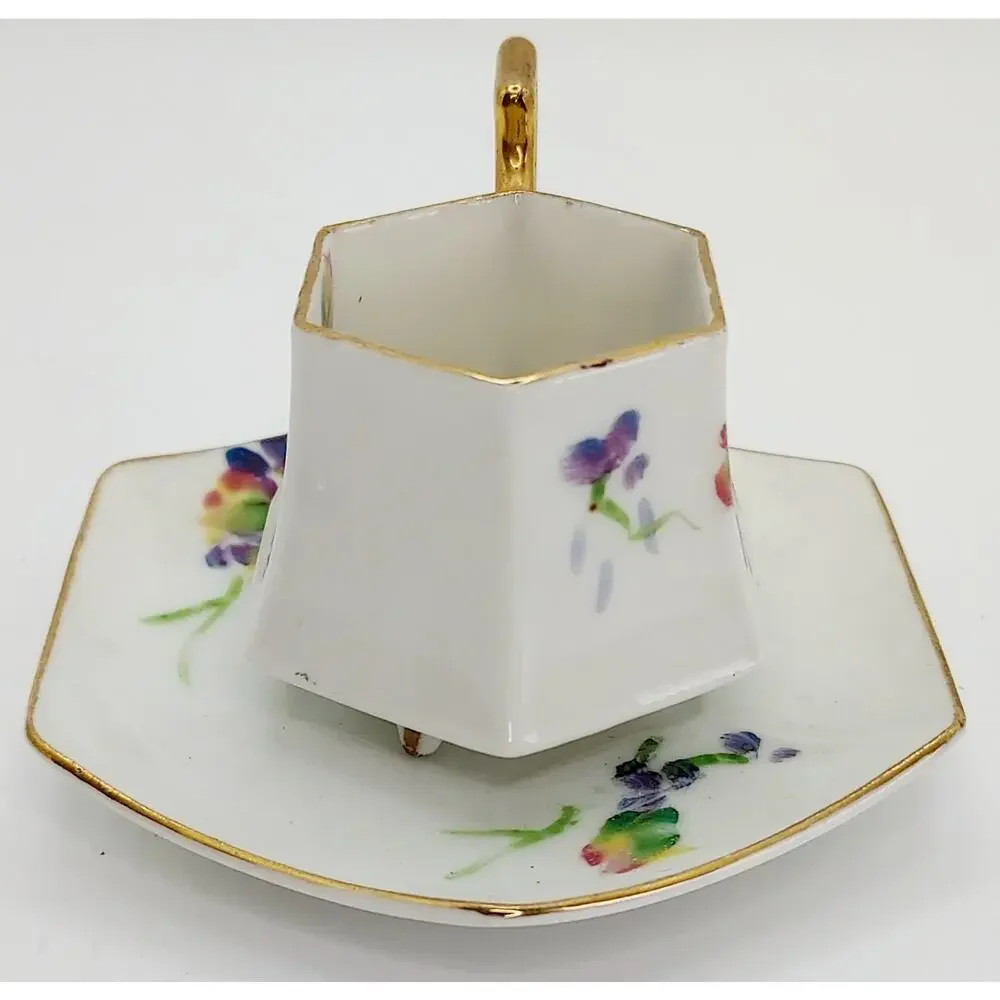 Japanese Miniature Demitasse Teacup And Saucer Floral Gold Tone Trim Hexagonal